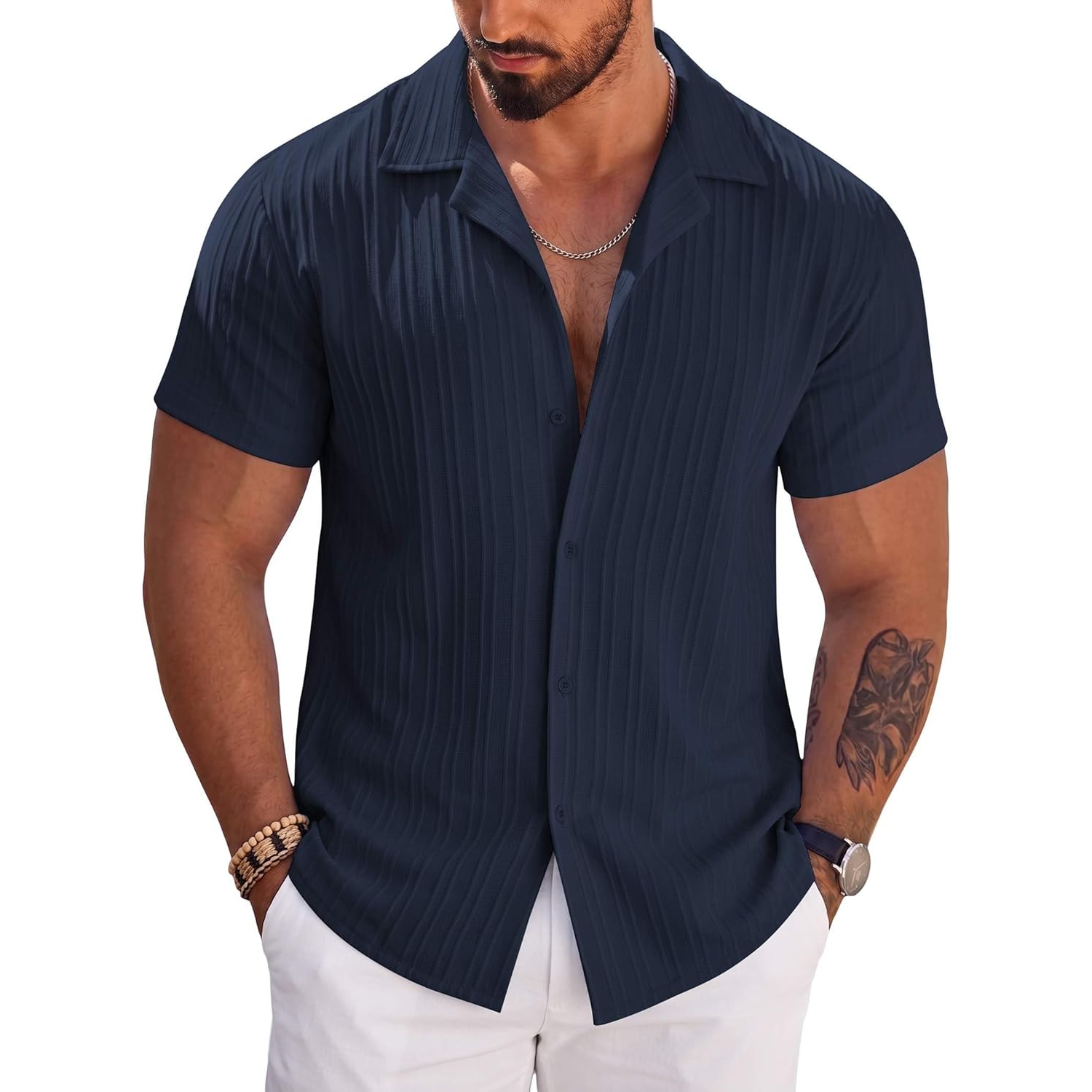 Short Sleeve Button Down Beach Wear Casual Textured Shirt 