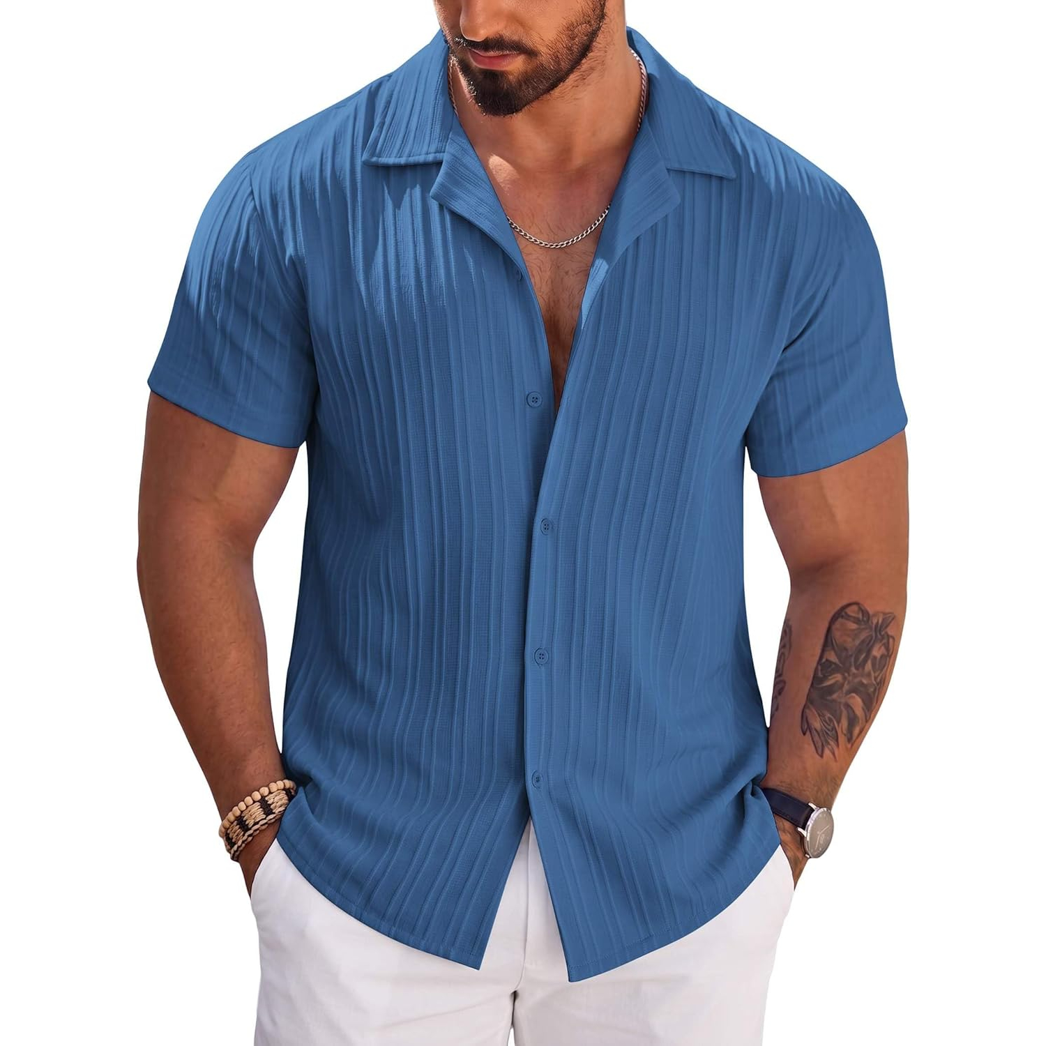 Short Sleeve Button Down Beach Wear Casual Textured Shirt 