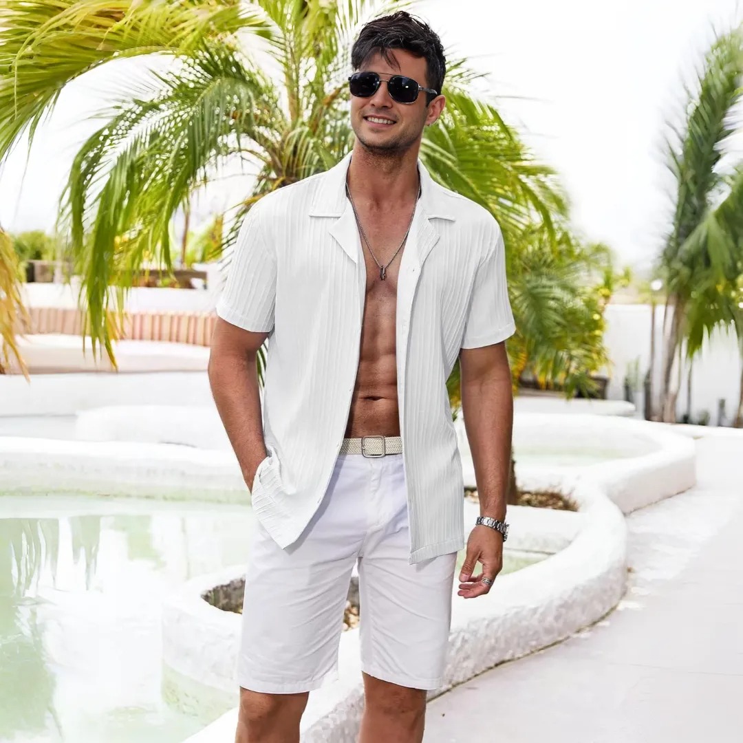 Short Sleeve Button Down Beach Wear Casual Textured Shirt 