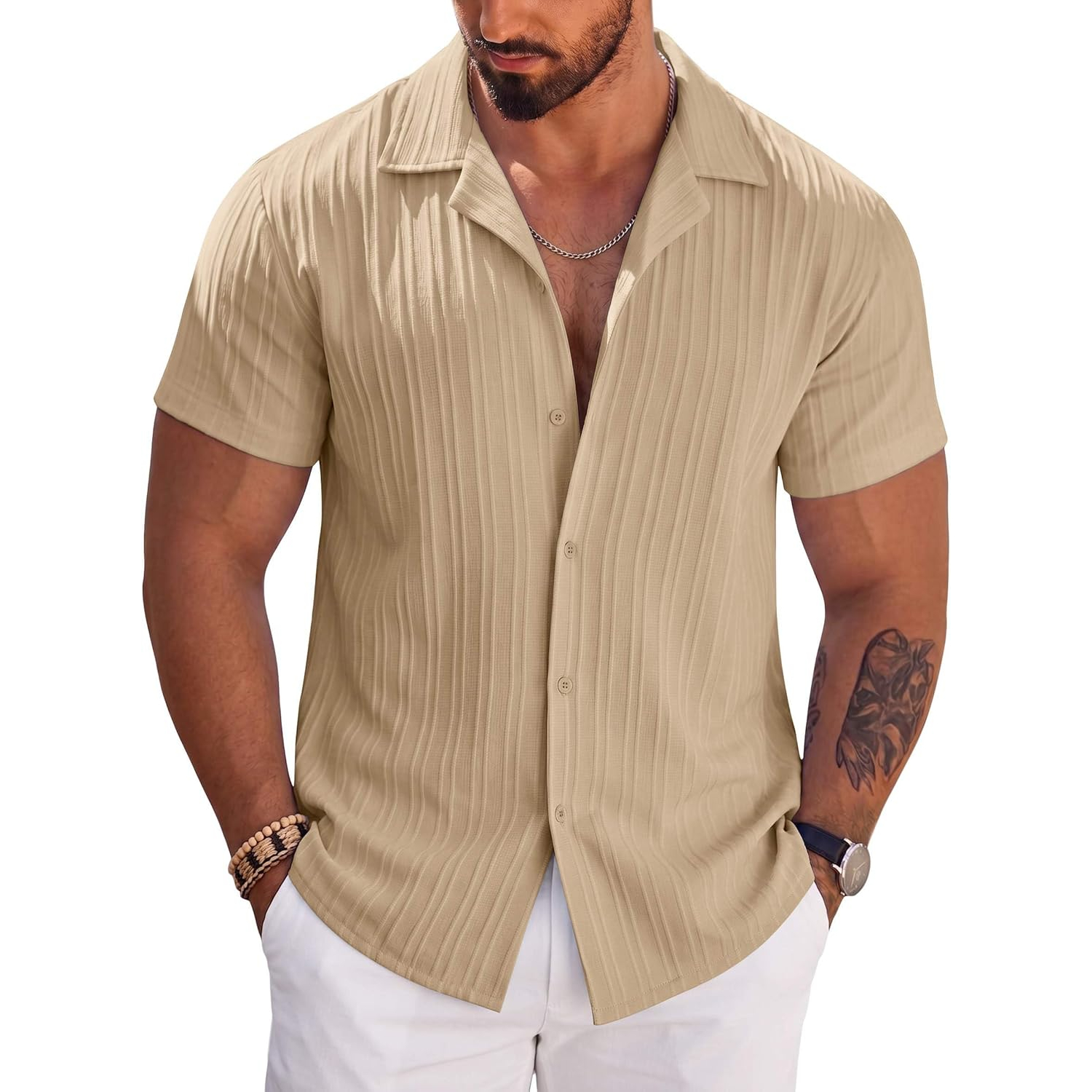 Short Sleeve Button Down Beach Wear Casual Textured Shirt 
