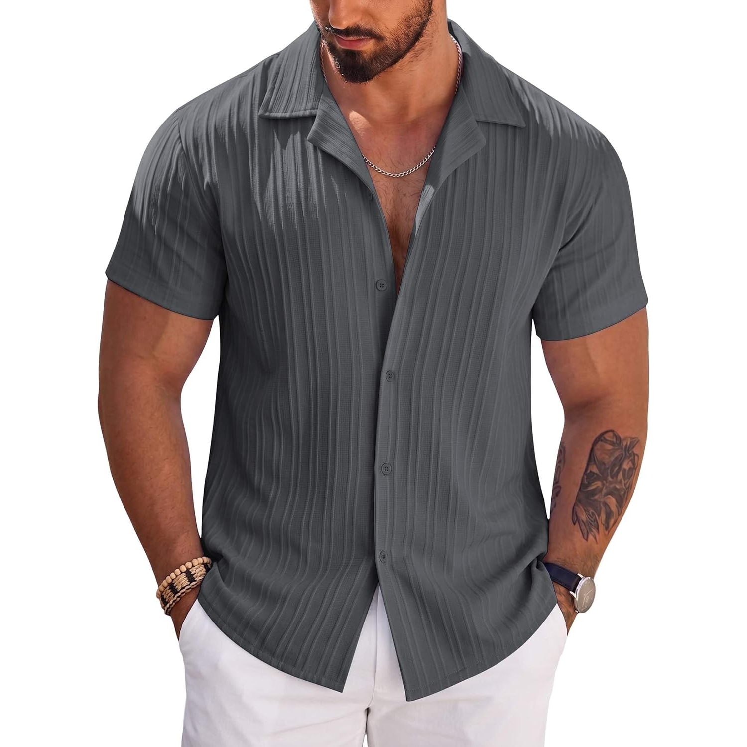Short Sleeve Button Down Beach Wear Casual Textured Shirt 