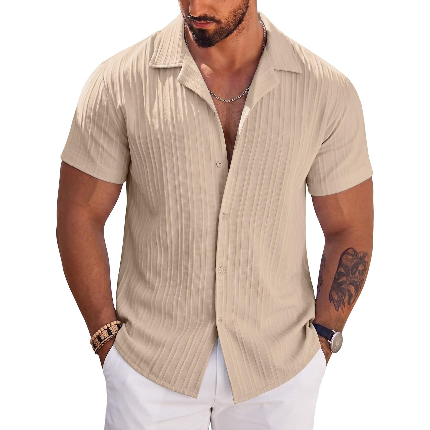 Short Sleeve Button Down Beach Wear Casual Textured Shirt 