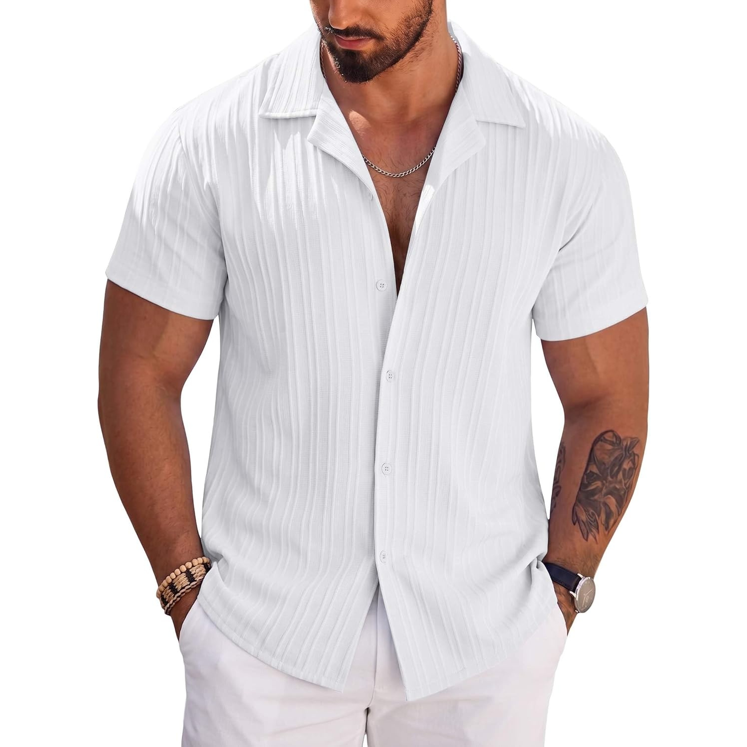 Short Sleeve Button Down Beach Wear Casual Textured Shirt 