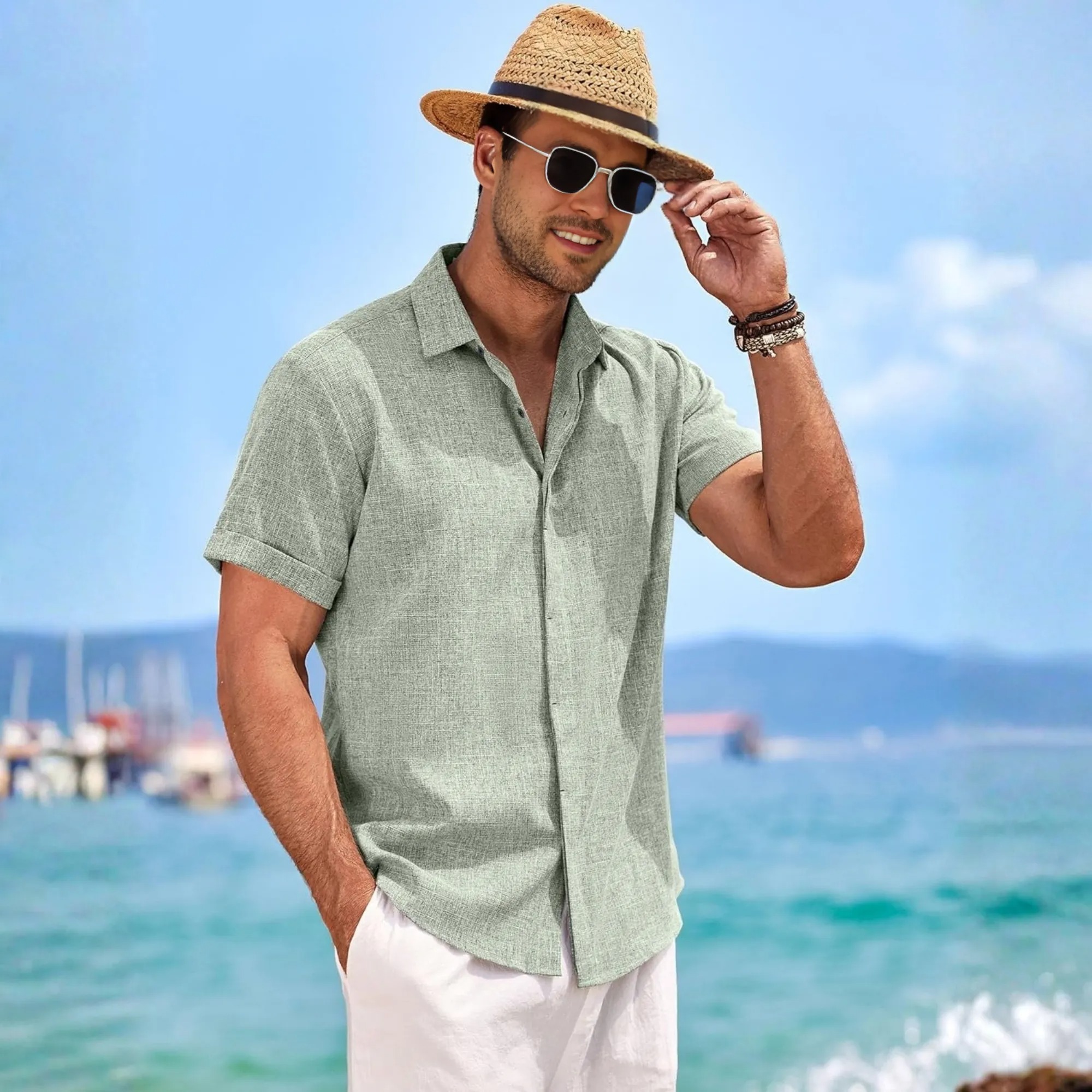 Short Sleeve Linen Shirt Button Down Casual Summer Wear