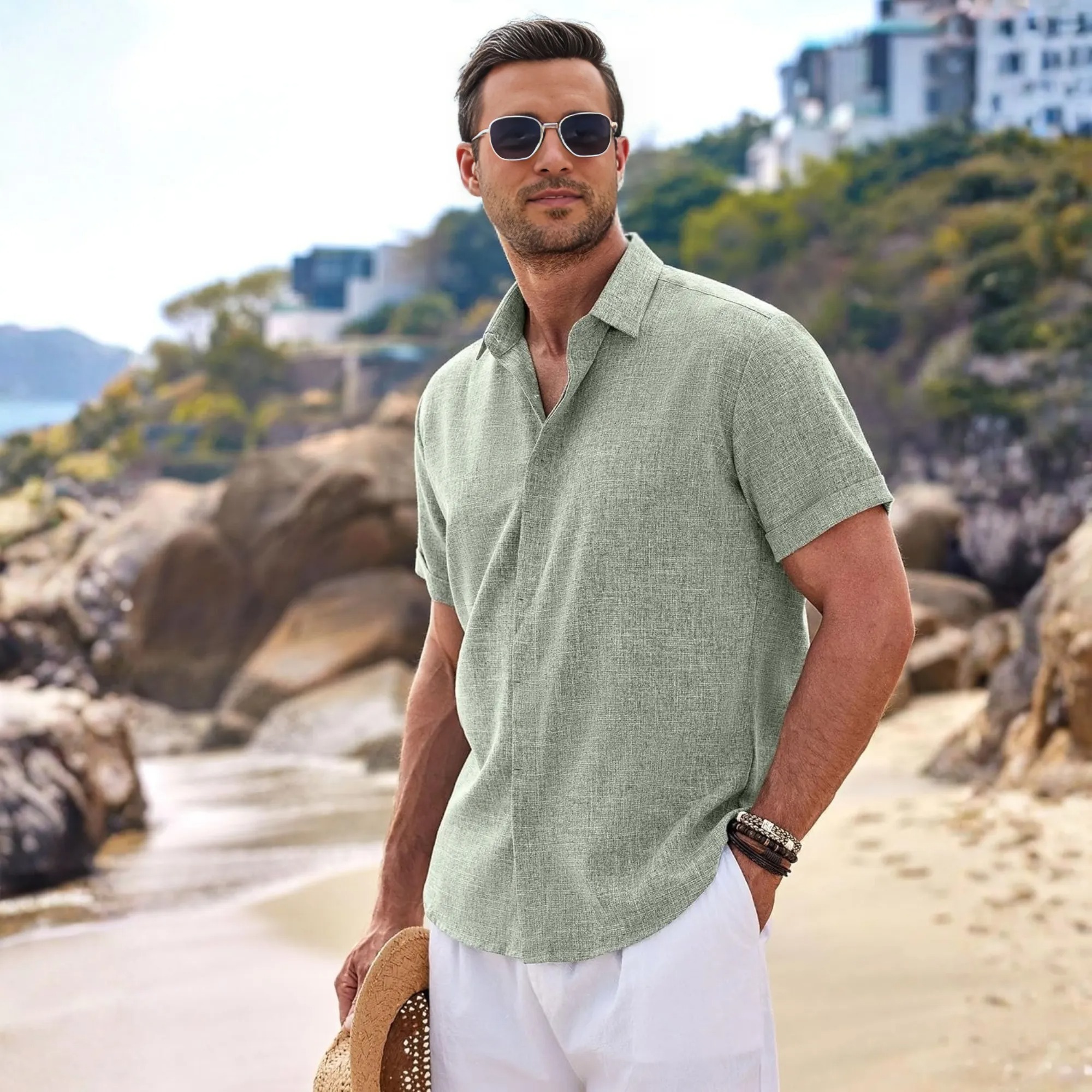 Short Sleeve Linen Shirt Button Down Casual Summer Wear