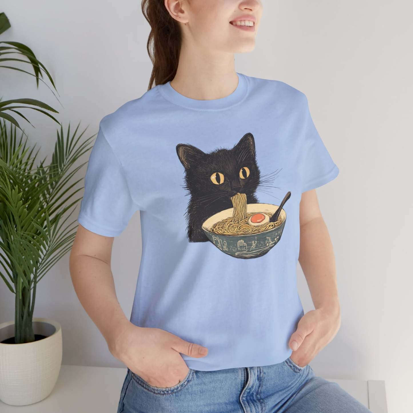 Cat Eating Bowl Of Ramen Noodles Printed T Shirt