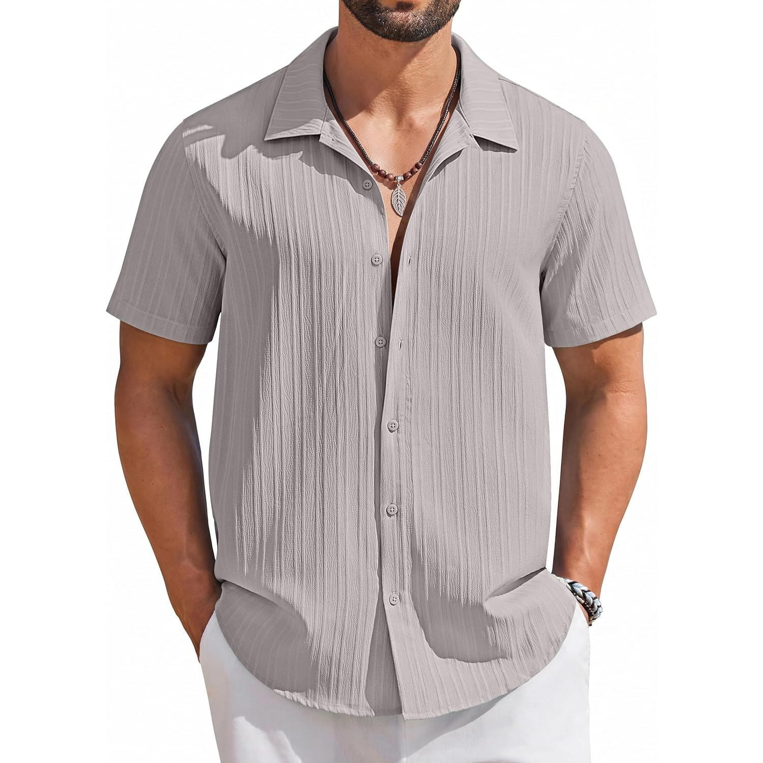 Casual Summer Beach Sleeve Down Textured Shirt With Button