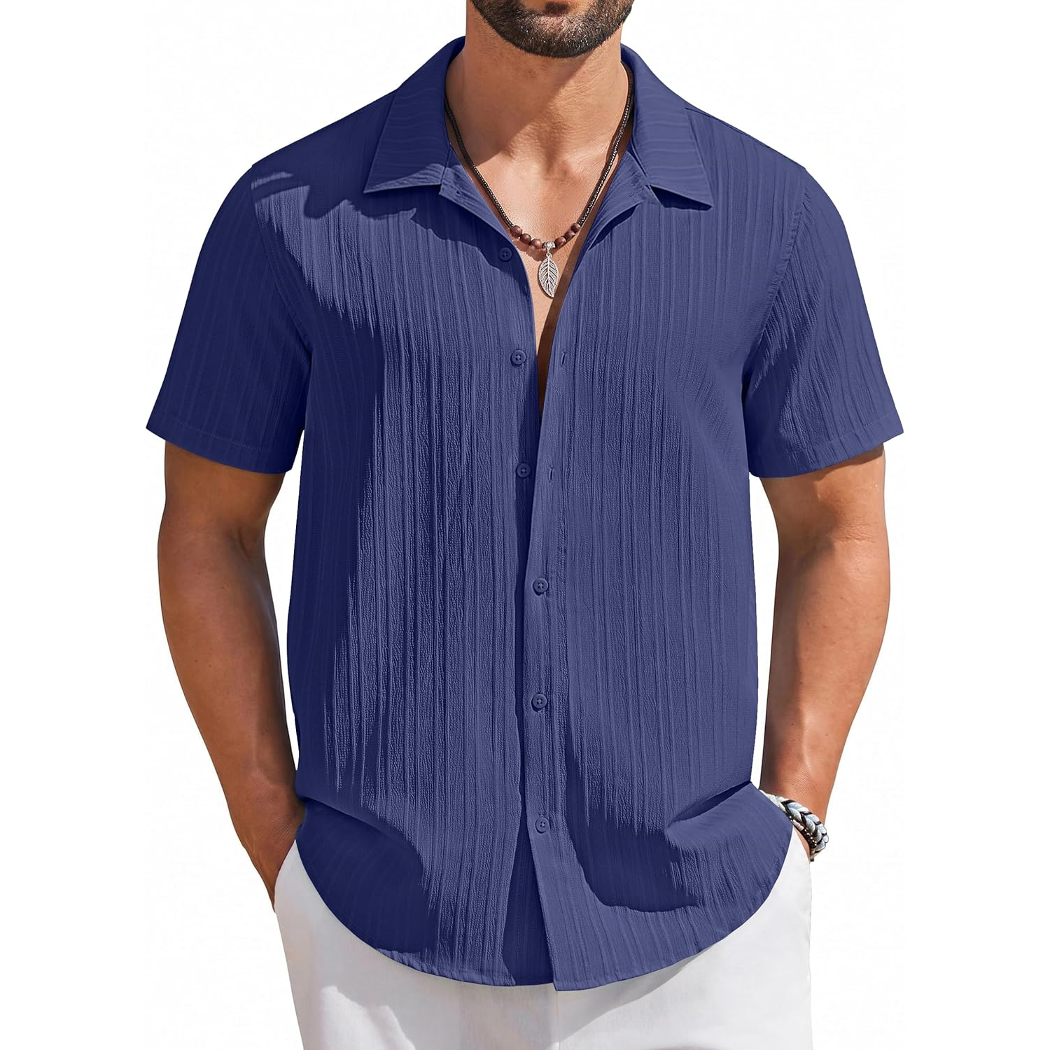 Casual Summer Beach Sleeve Down Textured Shirt With Button