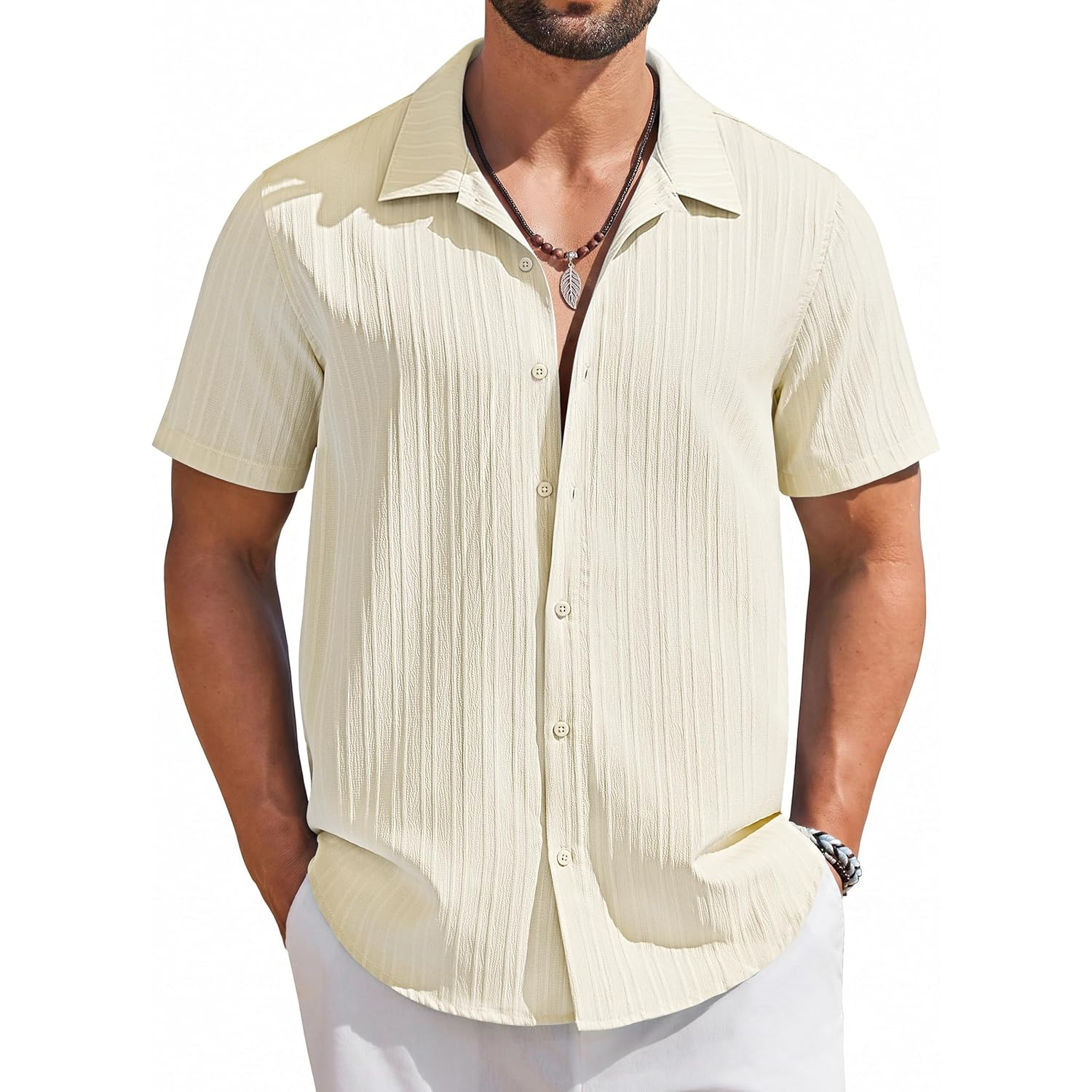 Casual Summer Beach Sleeve Down Textured Shirt With Button