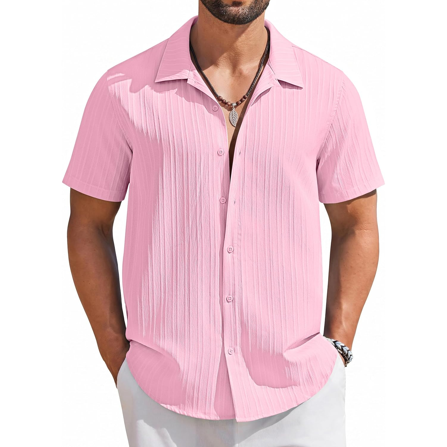 Casual Summer Beach Sleeve Down Textured Shirt With Button