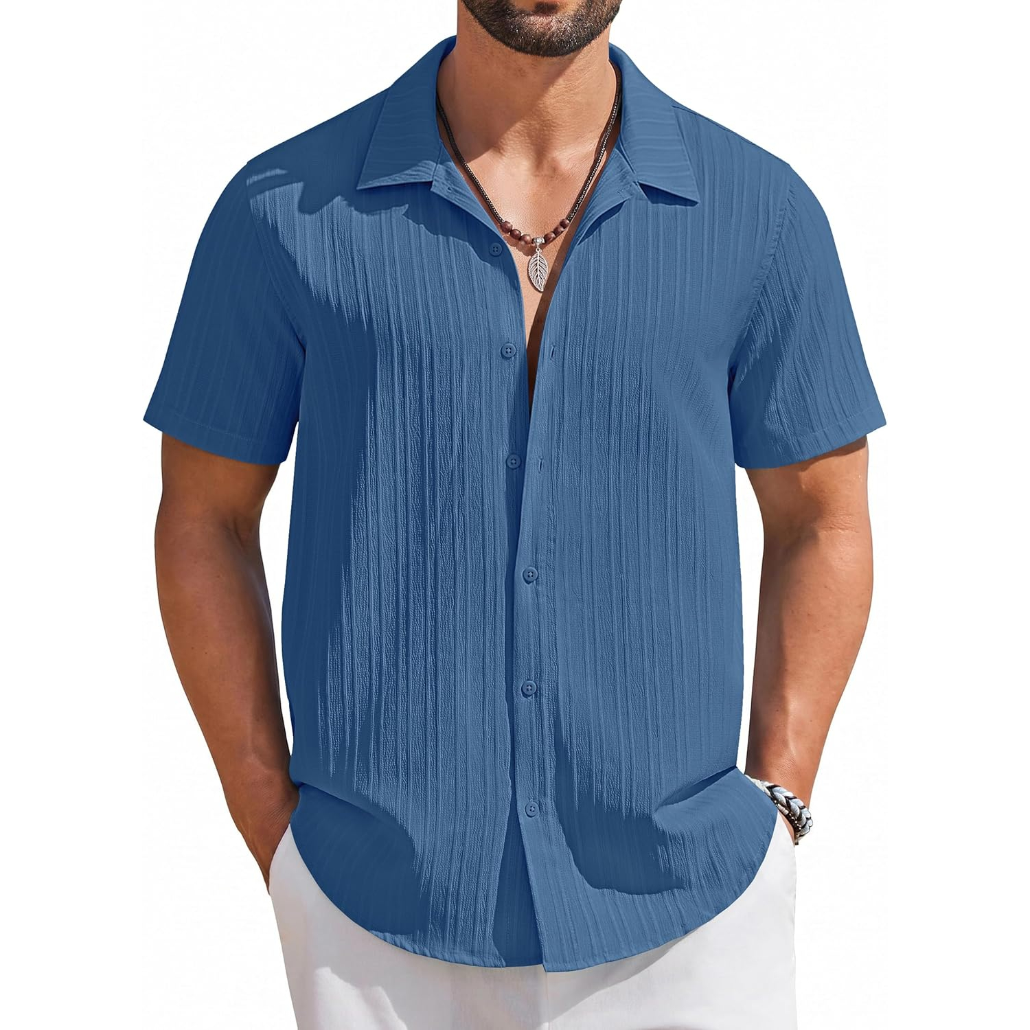 Casual Summer Beach Sleeve Down Textured Shirt With Button
