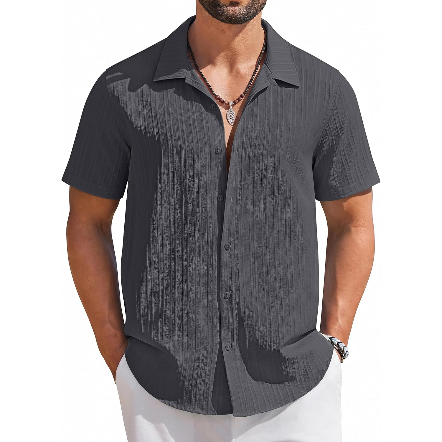 Casual Summer Beach Sleeve Down Textured Shirt With Button