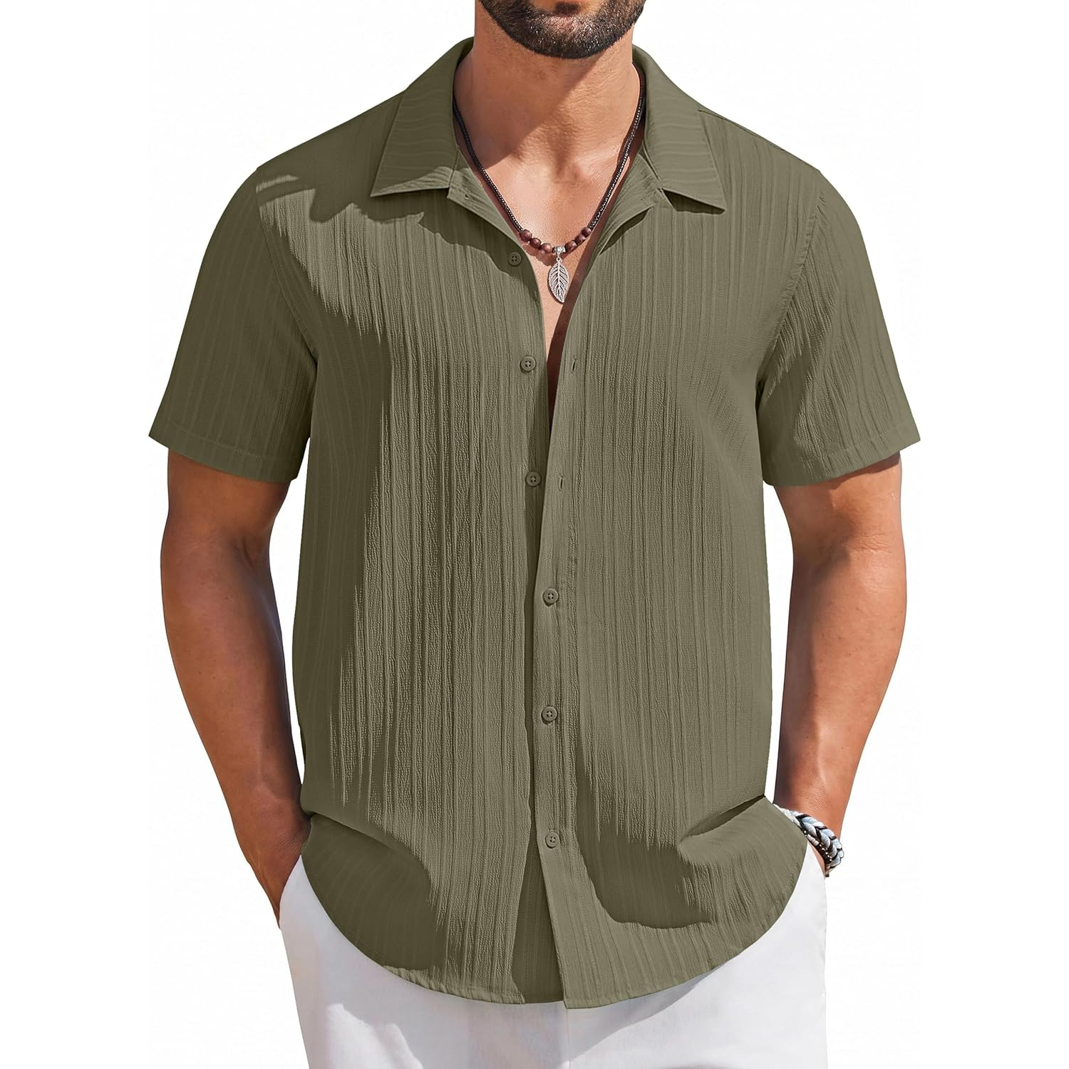 Casual Summer Beach Sleeve Down Textured Shirt With Button