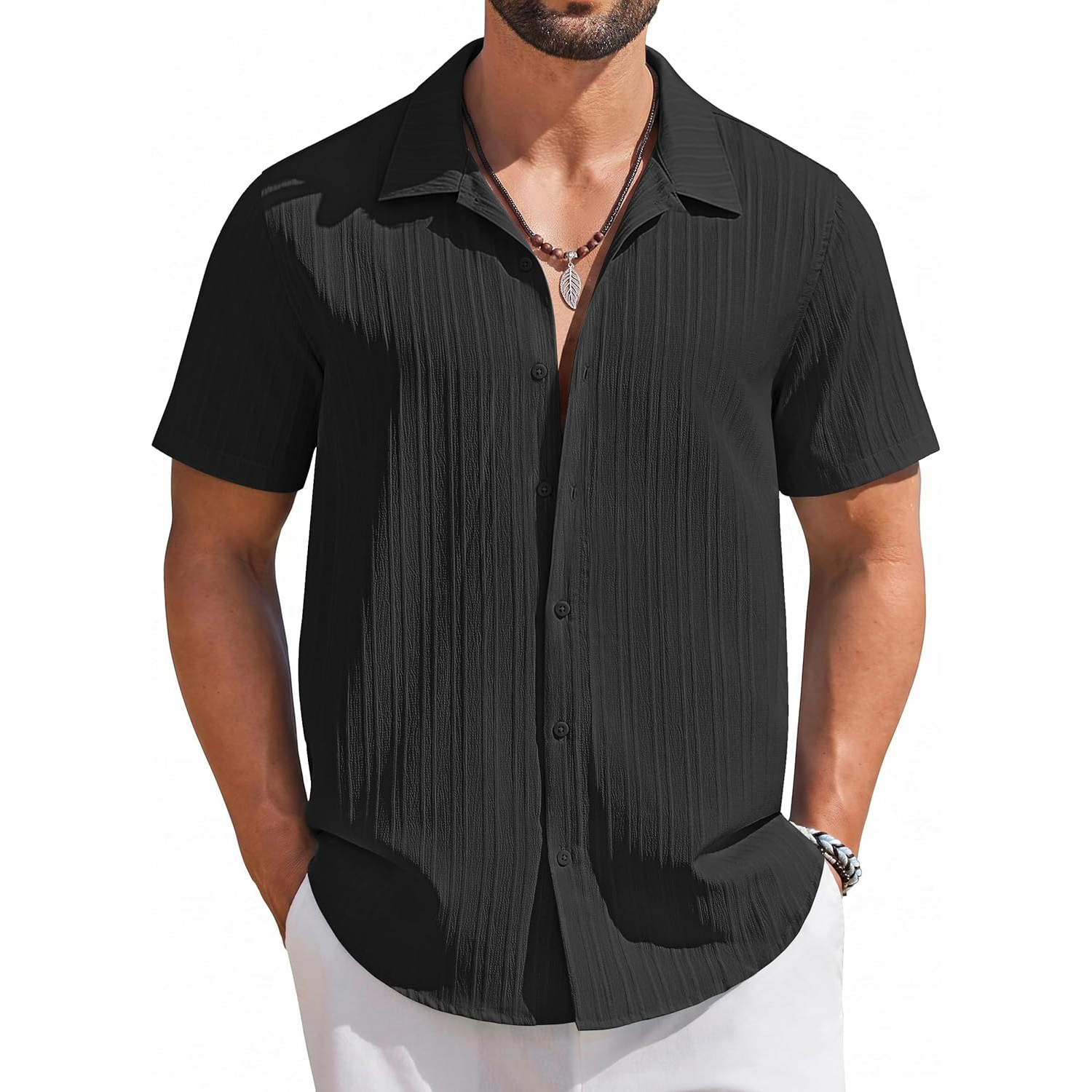 Casual Summer Beach Sleeve Down Textured Shirt With Button