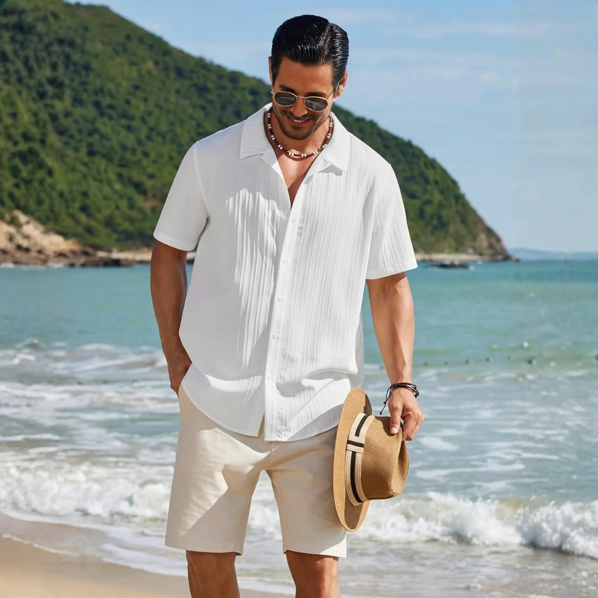 Casual Summer Beach Sleeve Down Textured Shirt With Button