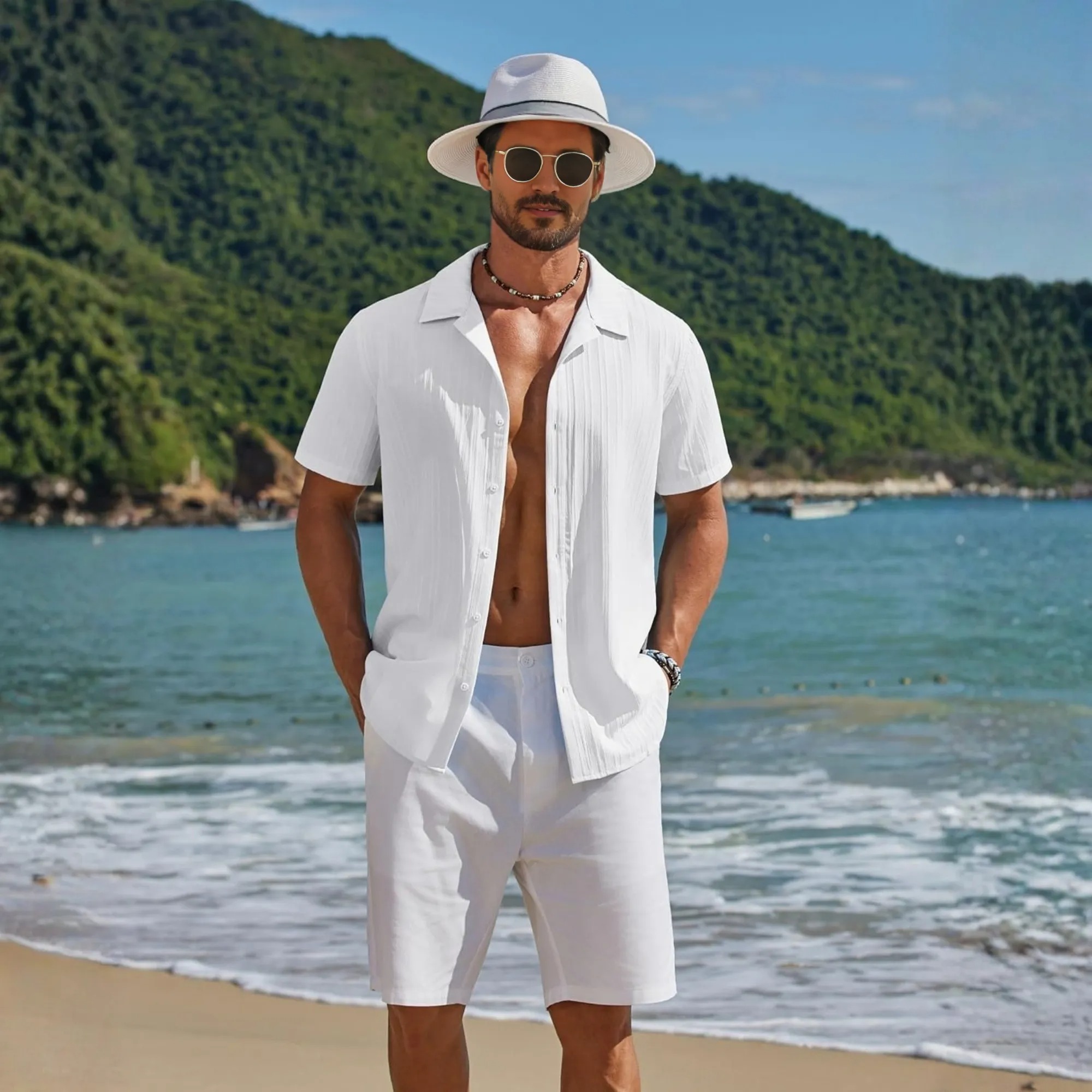 Casual Summer Beach Sleeve Down Textured Shirt With Button