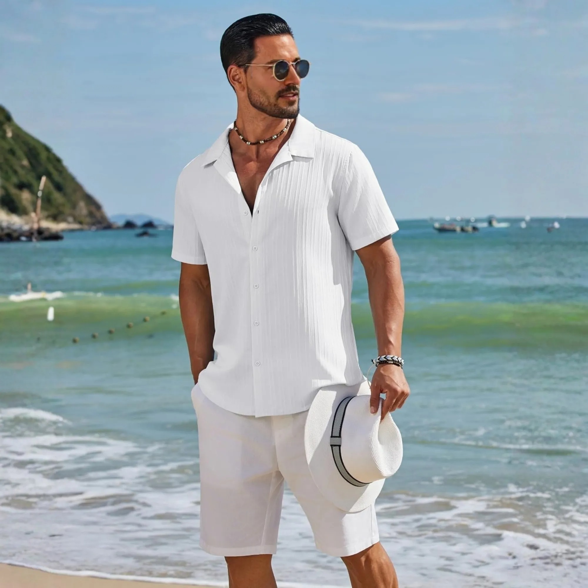 Casual Summer Beach Sleeve Down Textured Shirt With Button