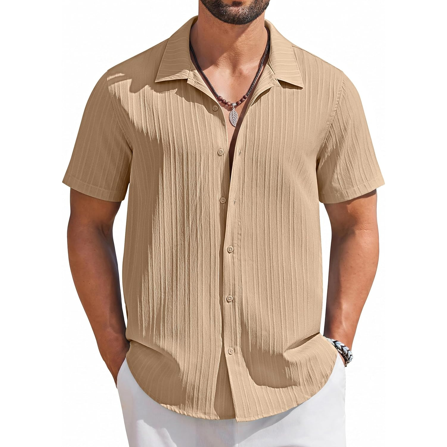 Casual Summer Beach Sleeve Down Textured Shirt With Button