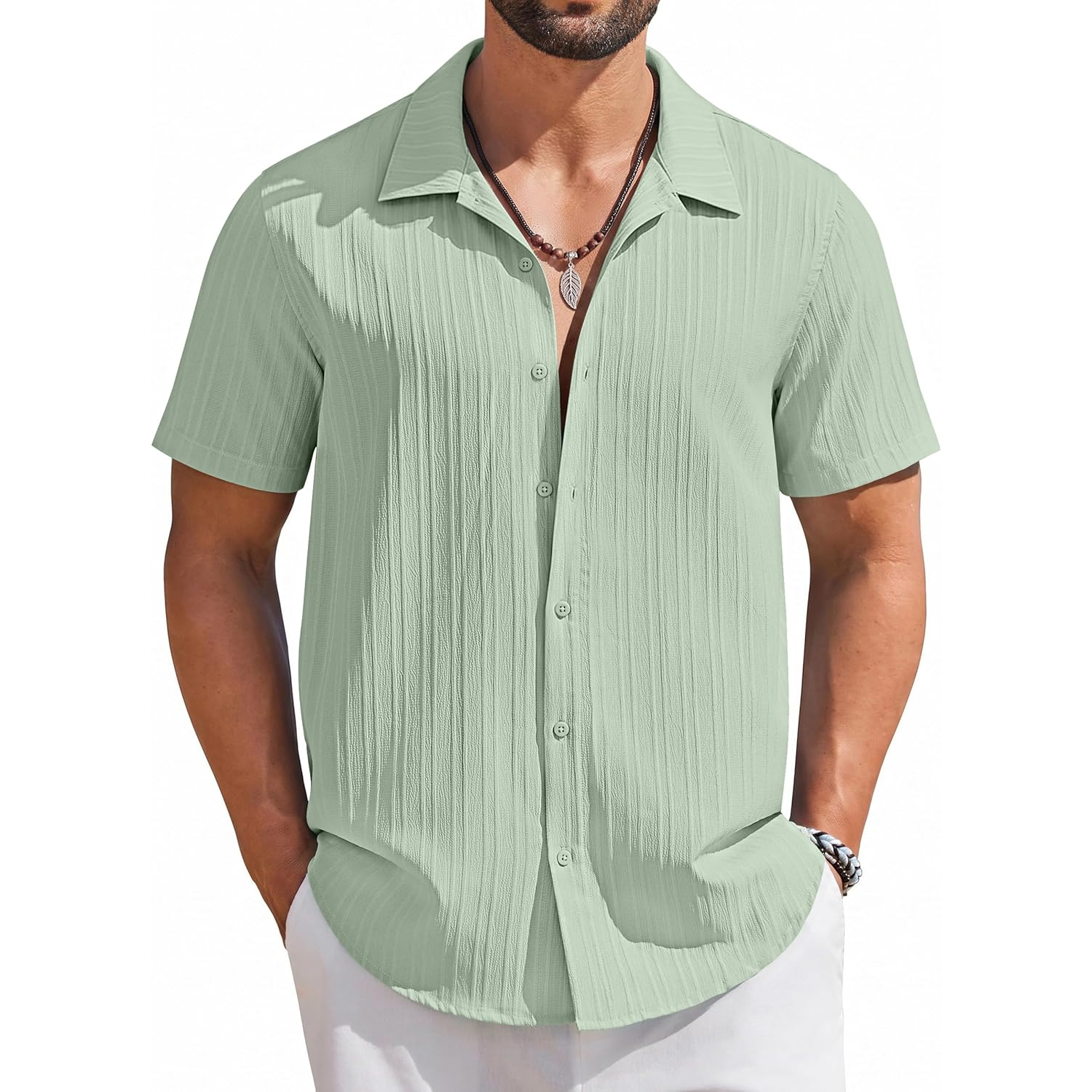 Casual Summer Beach Sleeve Down Textured Shirt With Button