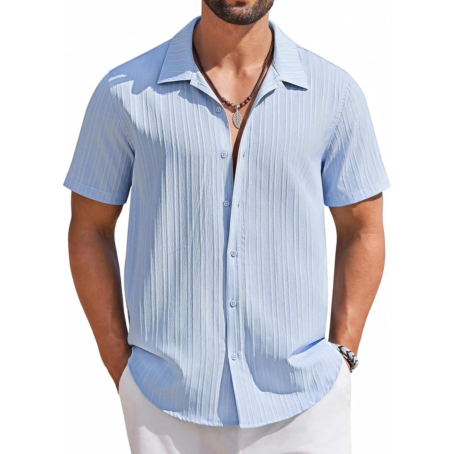 Casual Summer Beach Sleeve Down Textured Shirt With Button