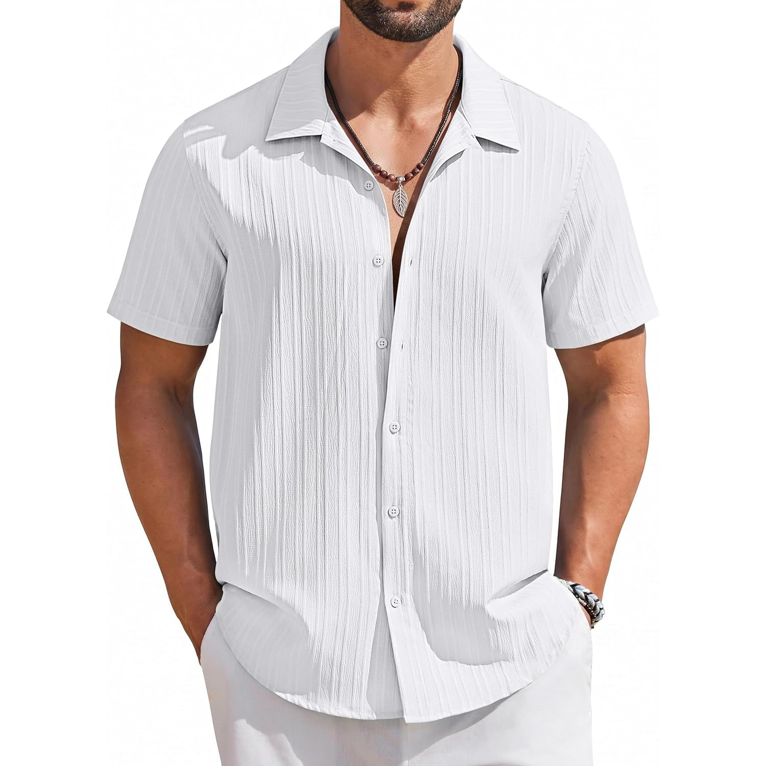 Casual Summer Beach Sleeve Down Textured Shirt With Button