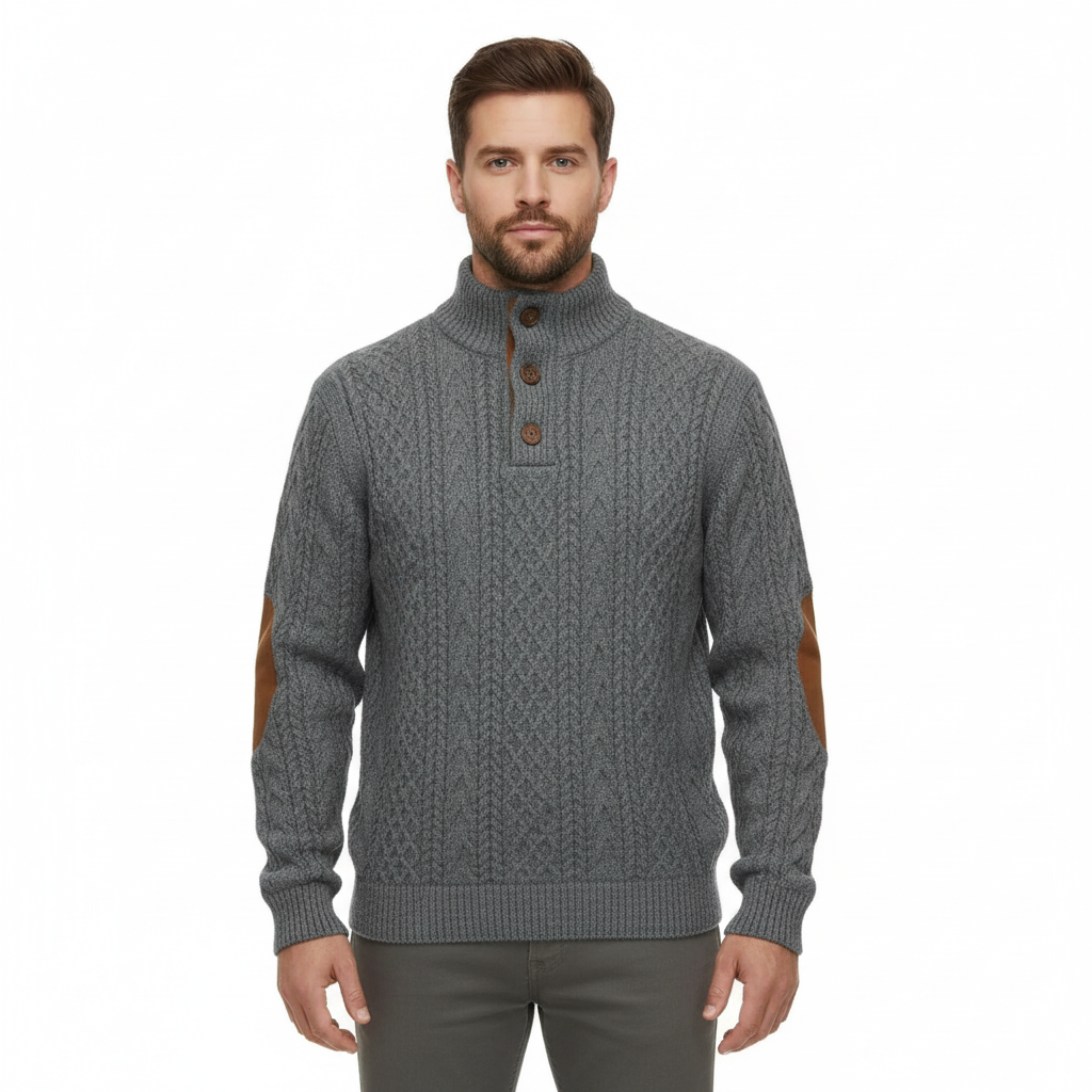 Textured Henley Long Sleeve Button Up Sweater With Stand Collar For Men