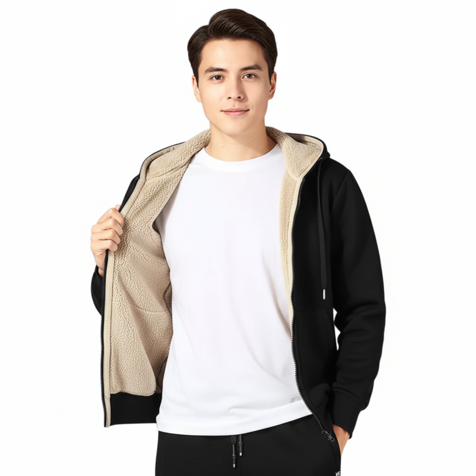Thick Plush Zip Up Fleece Lined Hooded Sweatshirt Jacket For Men