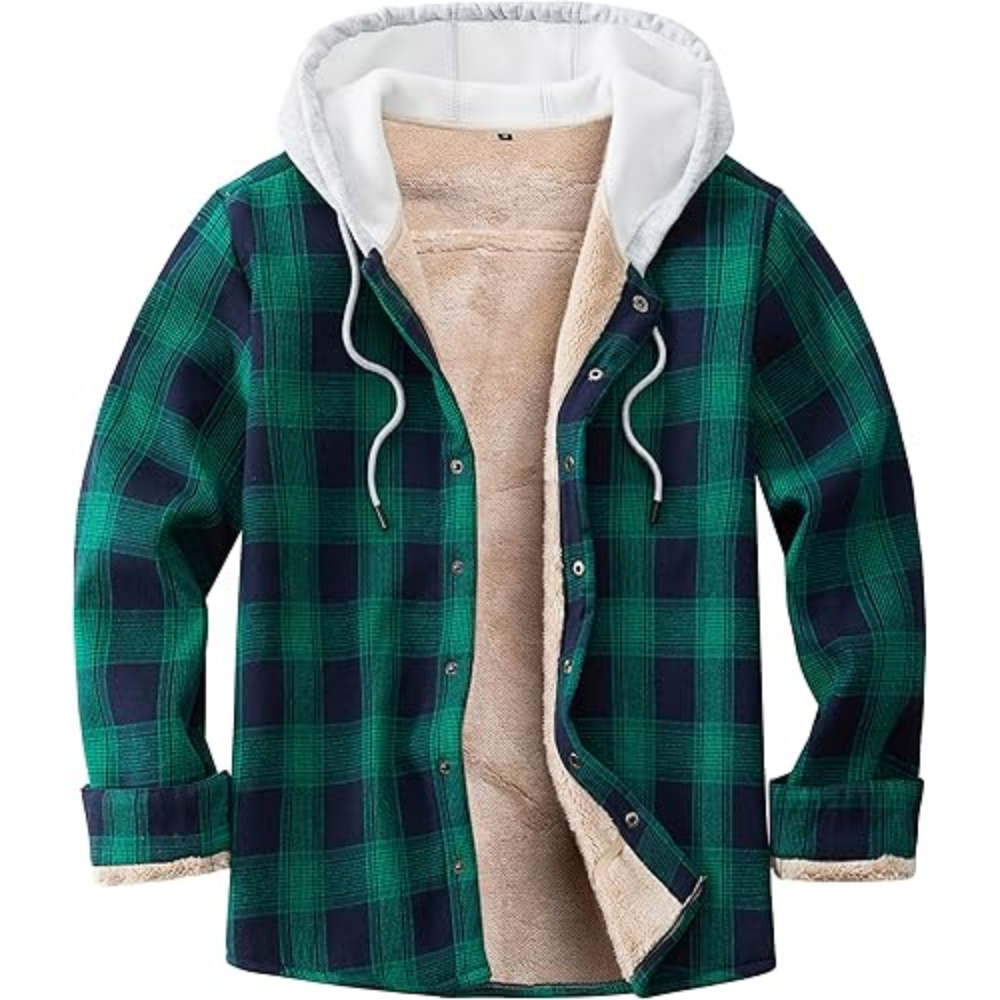 Men's Cotton Plaid Long Sleeve Shirts Jacket Fleece Lined Flannel Shirts Sherpa Button Down Coat with Hood