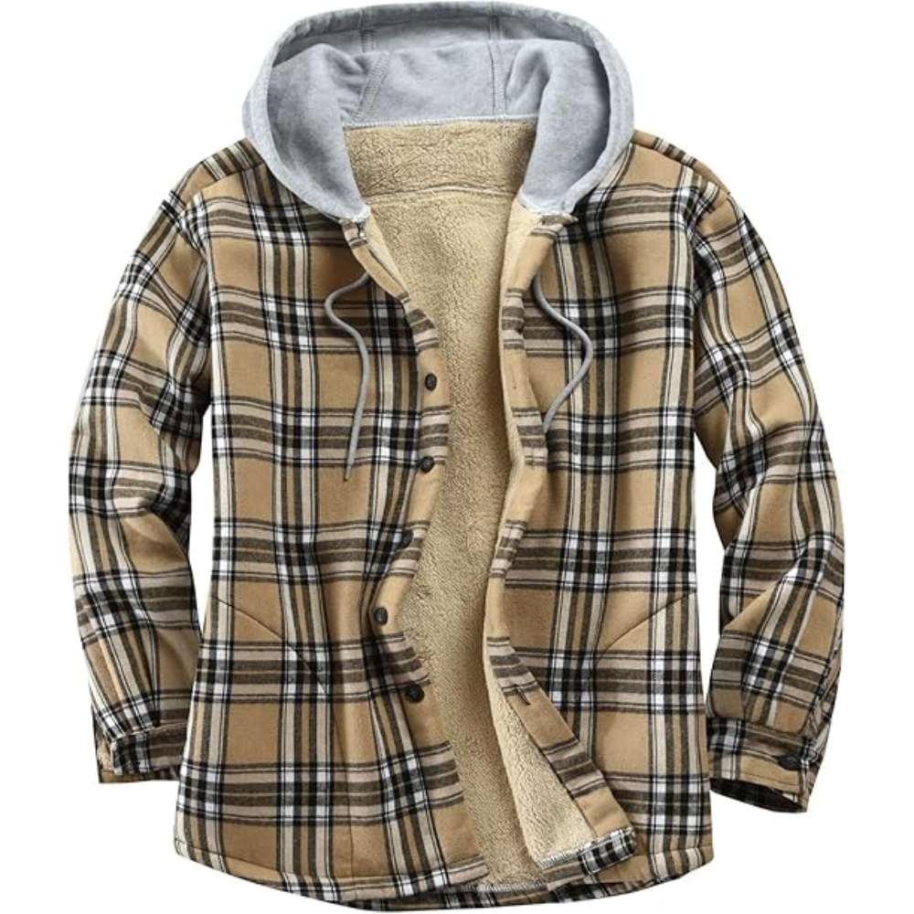 Men's Cotton Plaid Shirts Jacket Fleece Lined Flannel Shirts Sherpa Button Down Jackets with Hood for Men