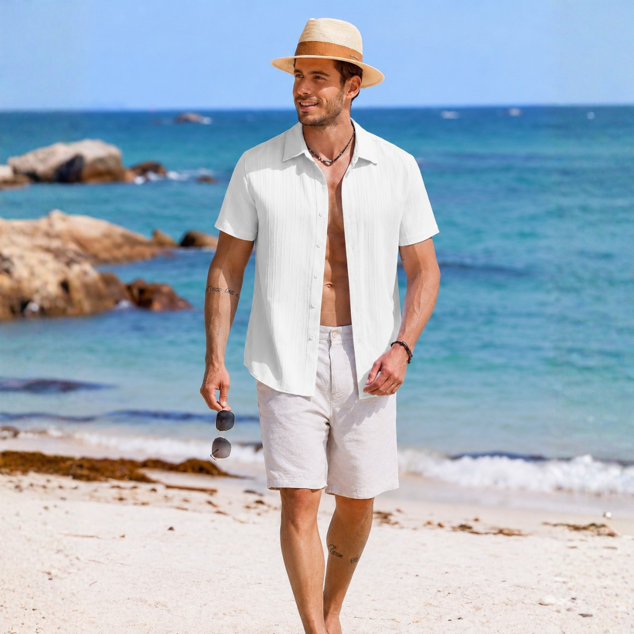 Casual Short Sleeve Textured Button Down Summer Beach Shirt For Men 