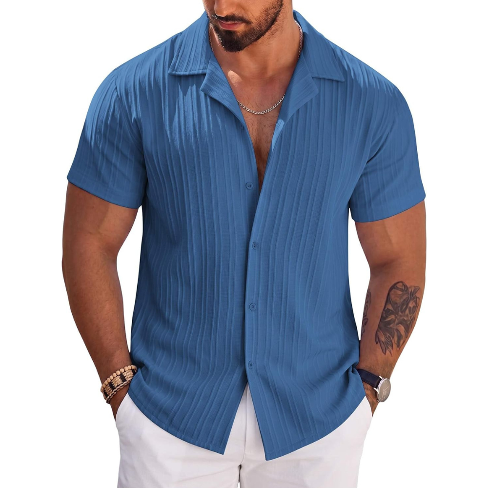 Textured Short Sleeve Casual Beach Button Down Shirt