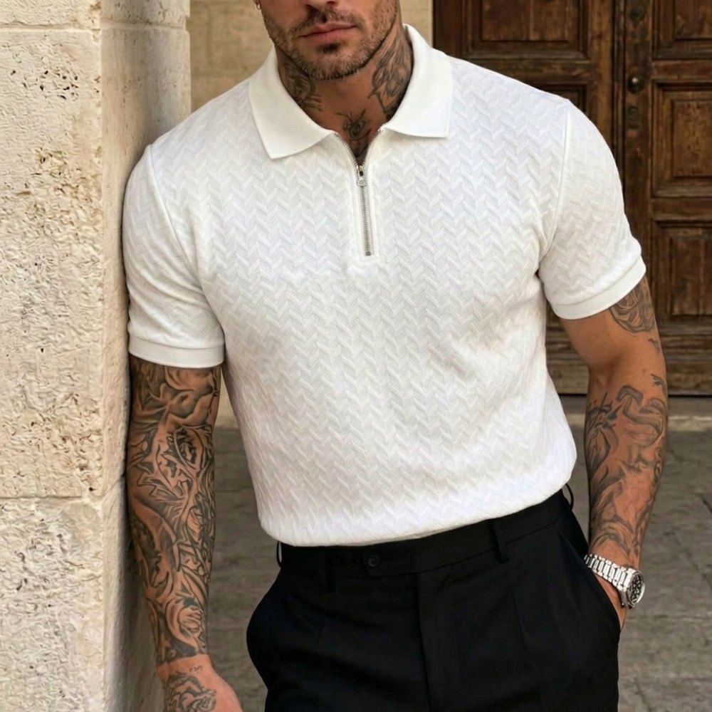 Summer Jacquard Half Zip Contrast Collar Polo Shirt