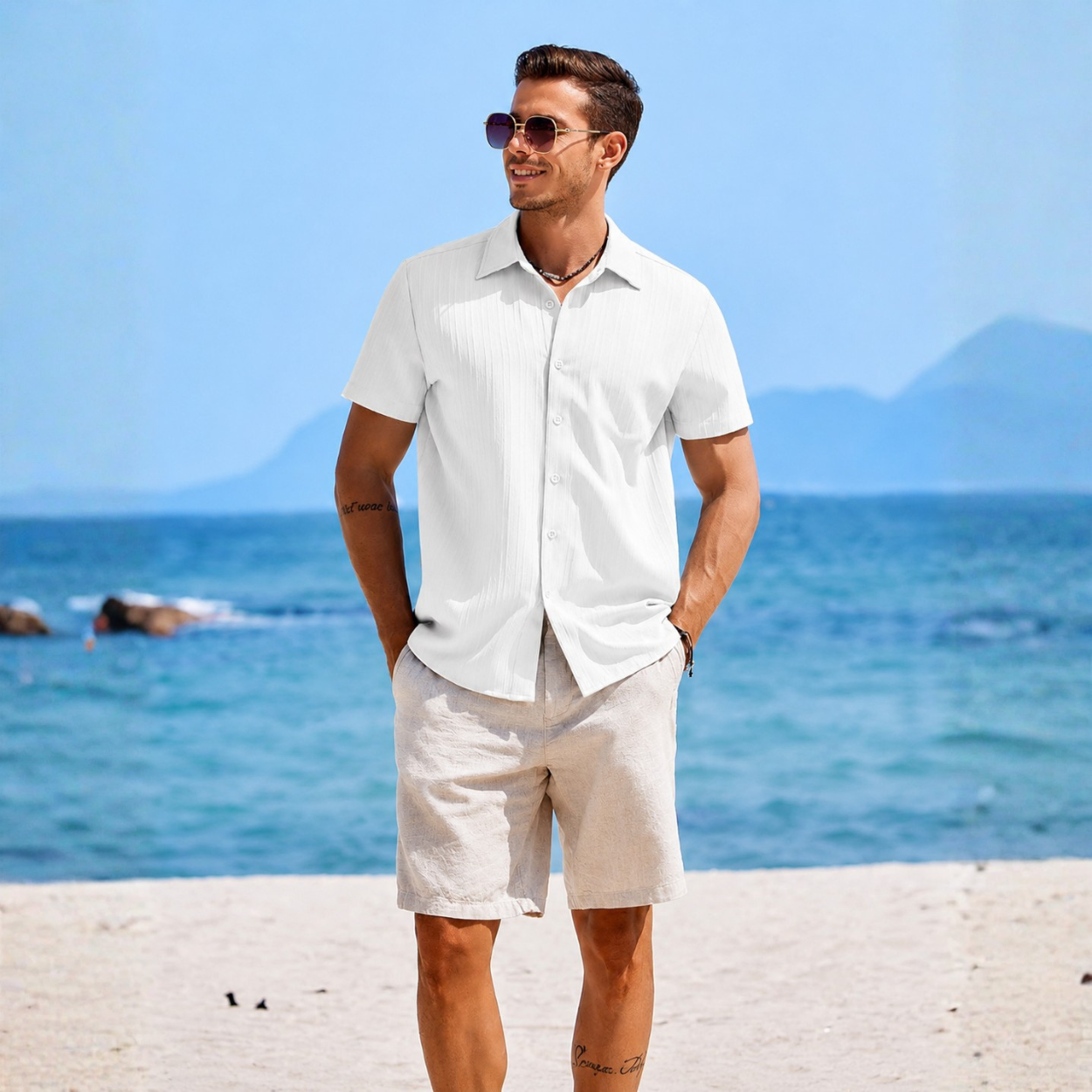 Casual Short Sleeve Textured Button Down Summer Beach Shirt For Men 