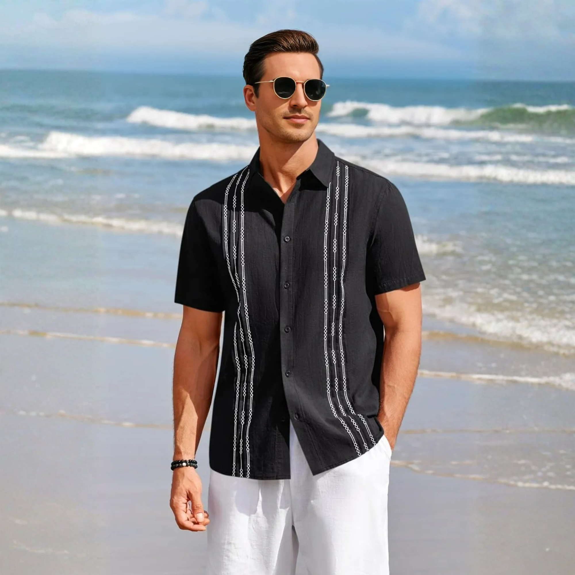 Linen Cotton Embroidered Cuban Beach Shirt