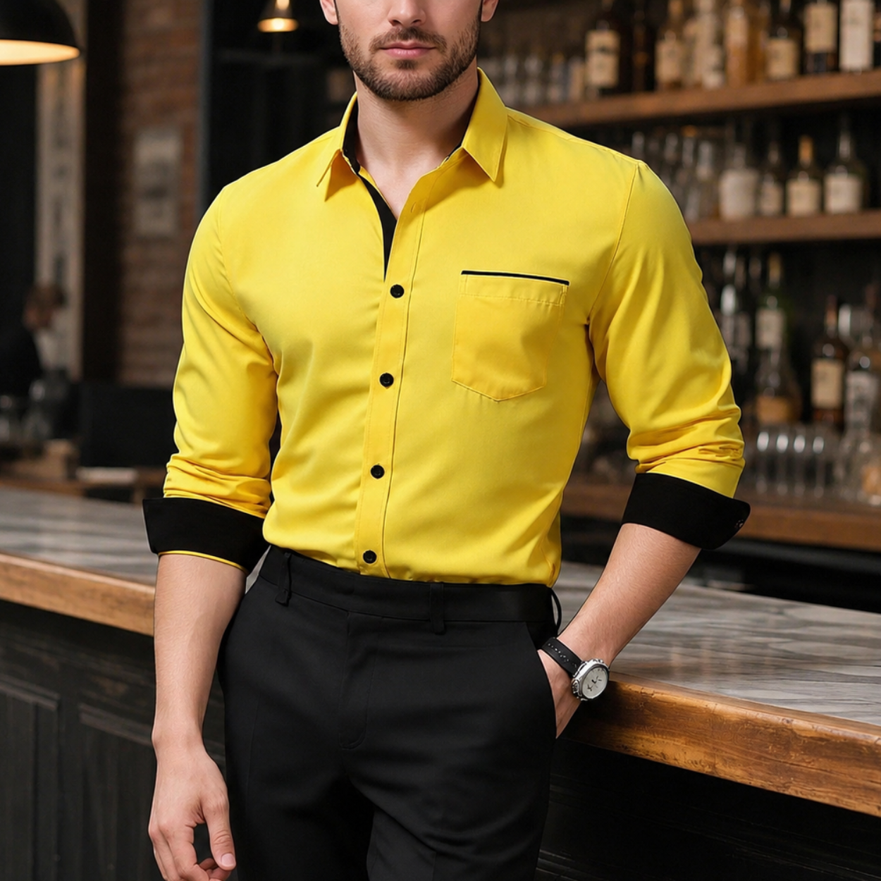 Long Sleeve Casual Formal Shirt With Contrast Design For Men