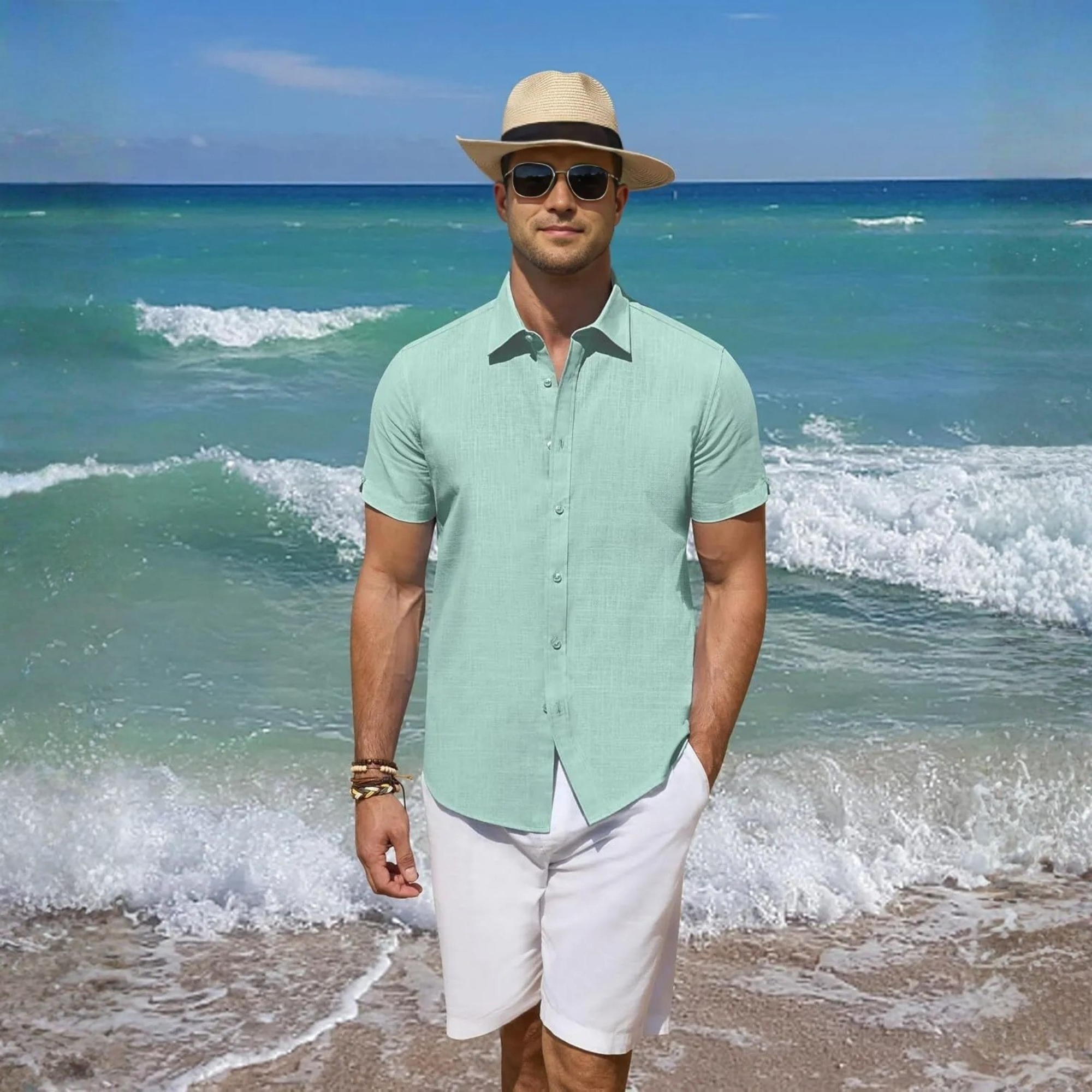 Short Sleeve Linen Beach Vacation Button Shirt