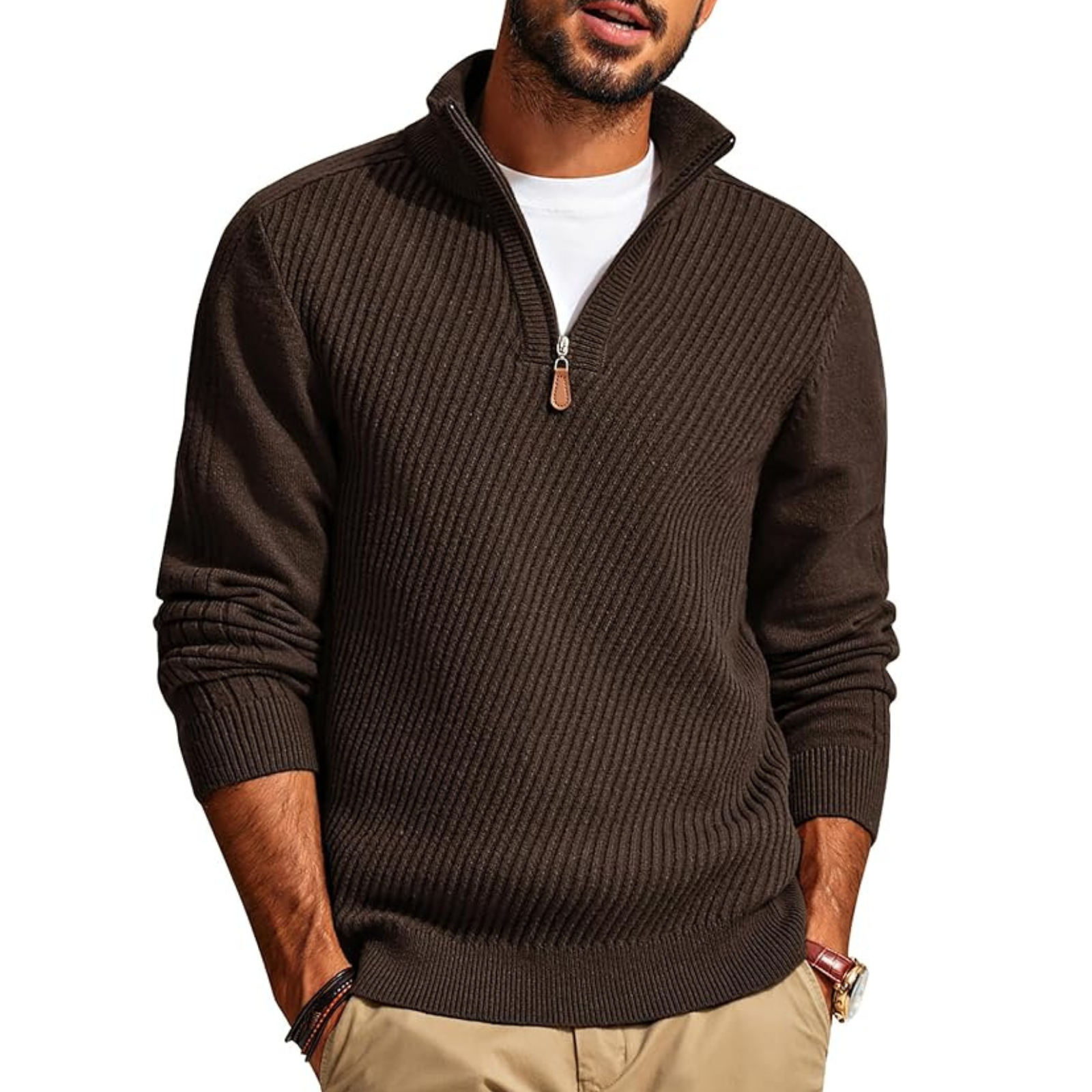 Textured Knit Quarter Zip Pullover Sweater For Men