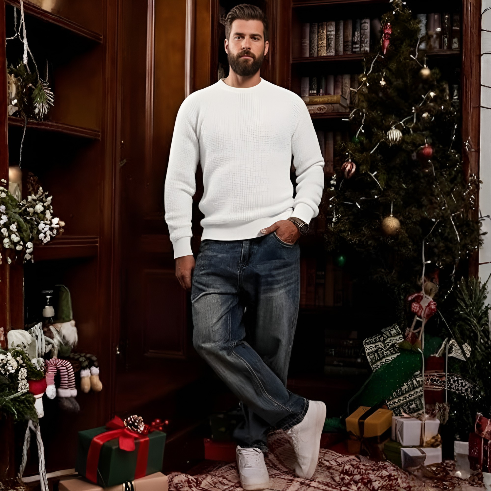 Waffle Textured Knit Pullover Sweater Casual Loose Fit For Men
