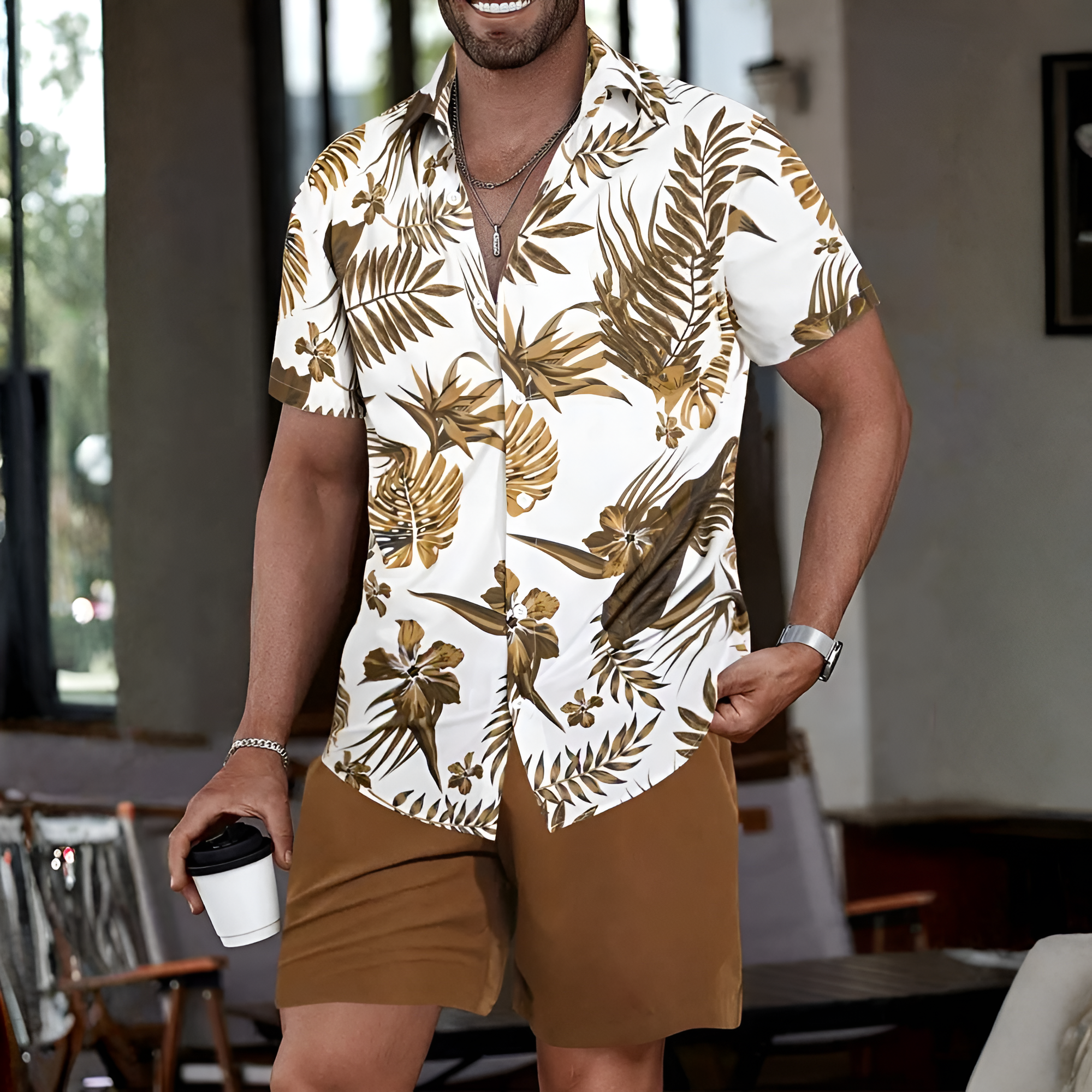 Floral Leaf Print Polo Shirt And Shorts Set For Men
