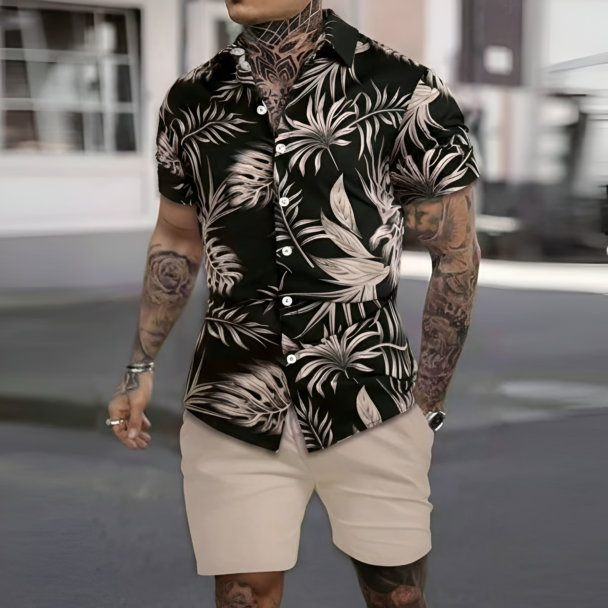 Floral Leaf Print Polo Shirt And Shorts Set For Men