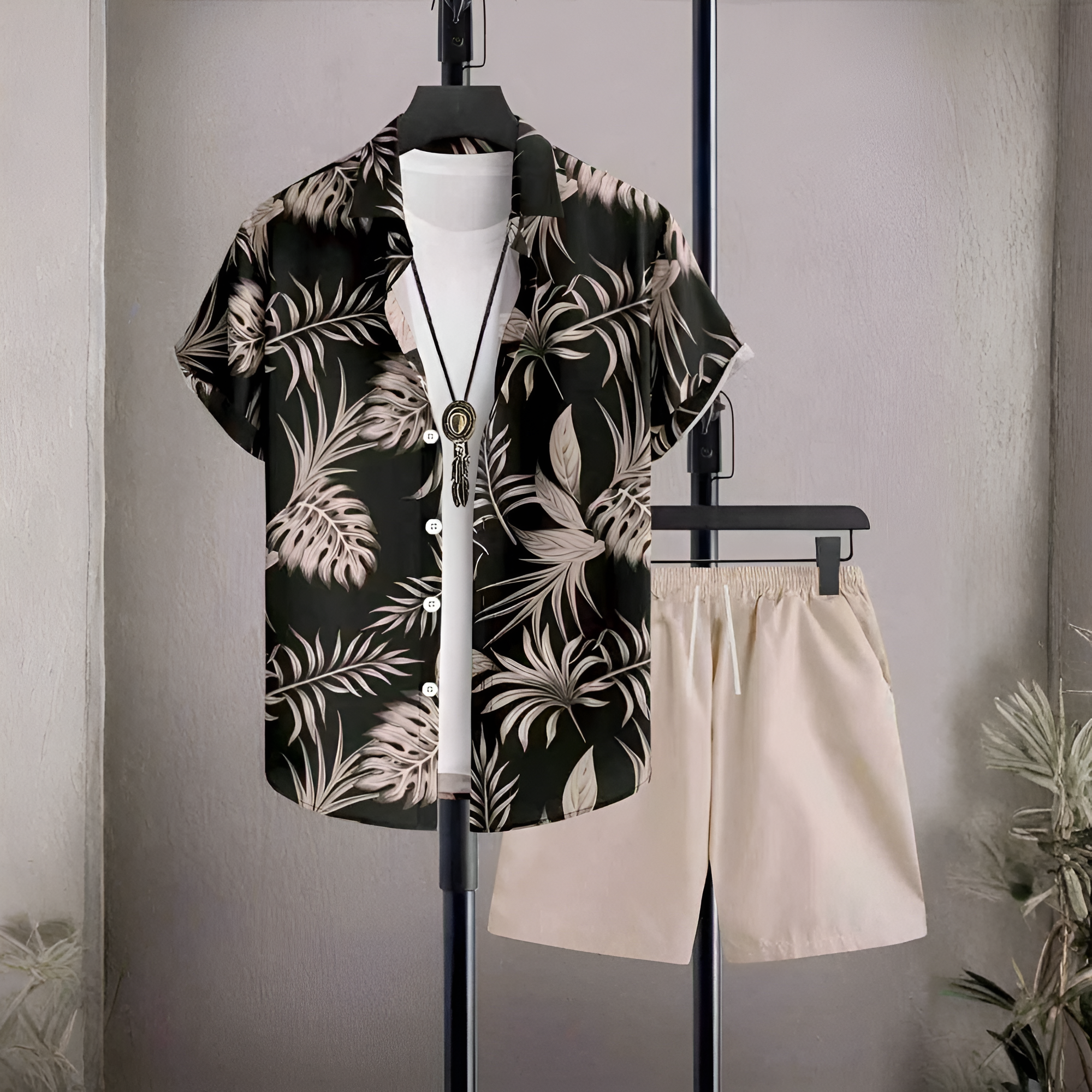 Floral Leaf Print Polo Shirt And Shorts Set For Men