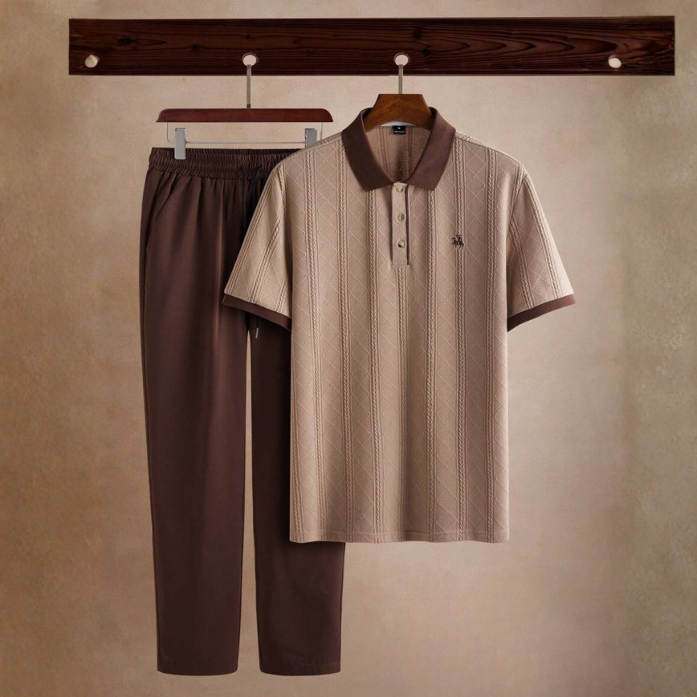 Knit Woven Polo Shirt And Pants Set For Men