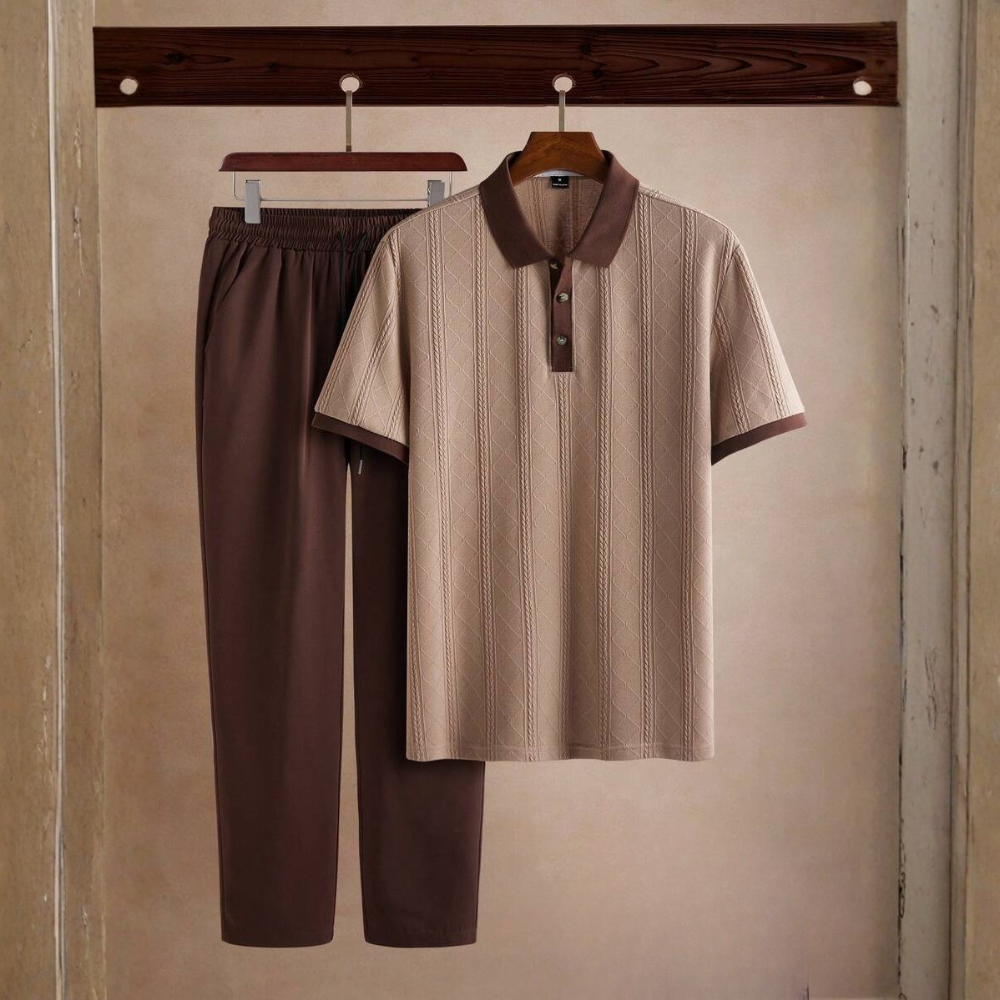 Knit Woven Polo Shirt And Pants Set For Men