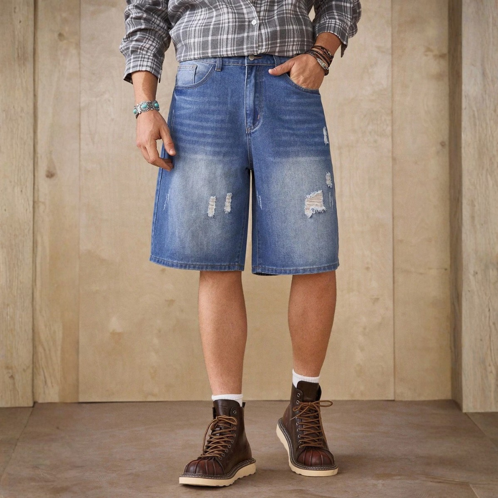 Loose Fit Vintage Washed Denim Jorts For Men