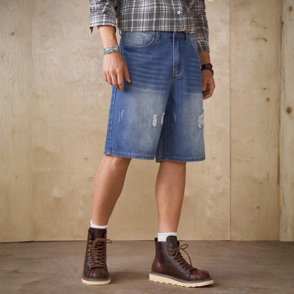 Loose Fit Vintage Washed Denim Jorts For Men