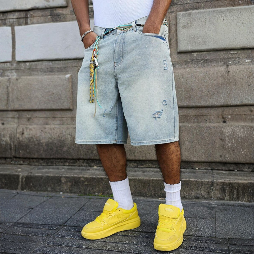Loose Fit Vintage Washed Denim Jorts For Men