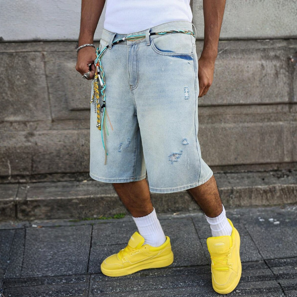 Loose Fit Vintage Washed Denim Jorts For Men