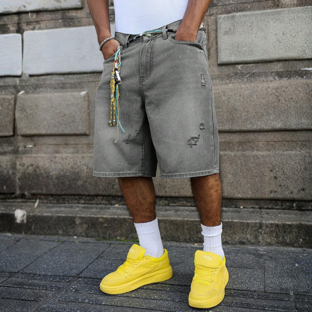 Loose Fit Vintage Washed Denim Jorts For Men