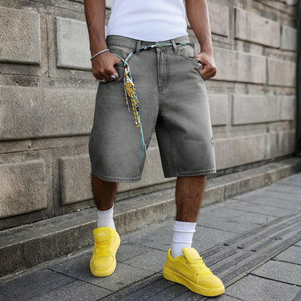 Loose Fit Vintage Washed Denim Jorts For Men