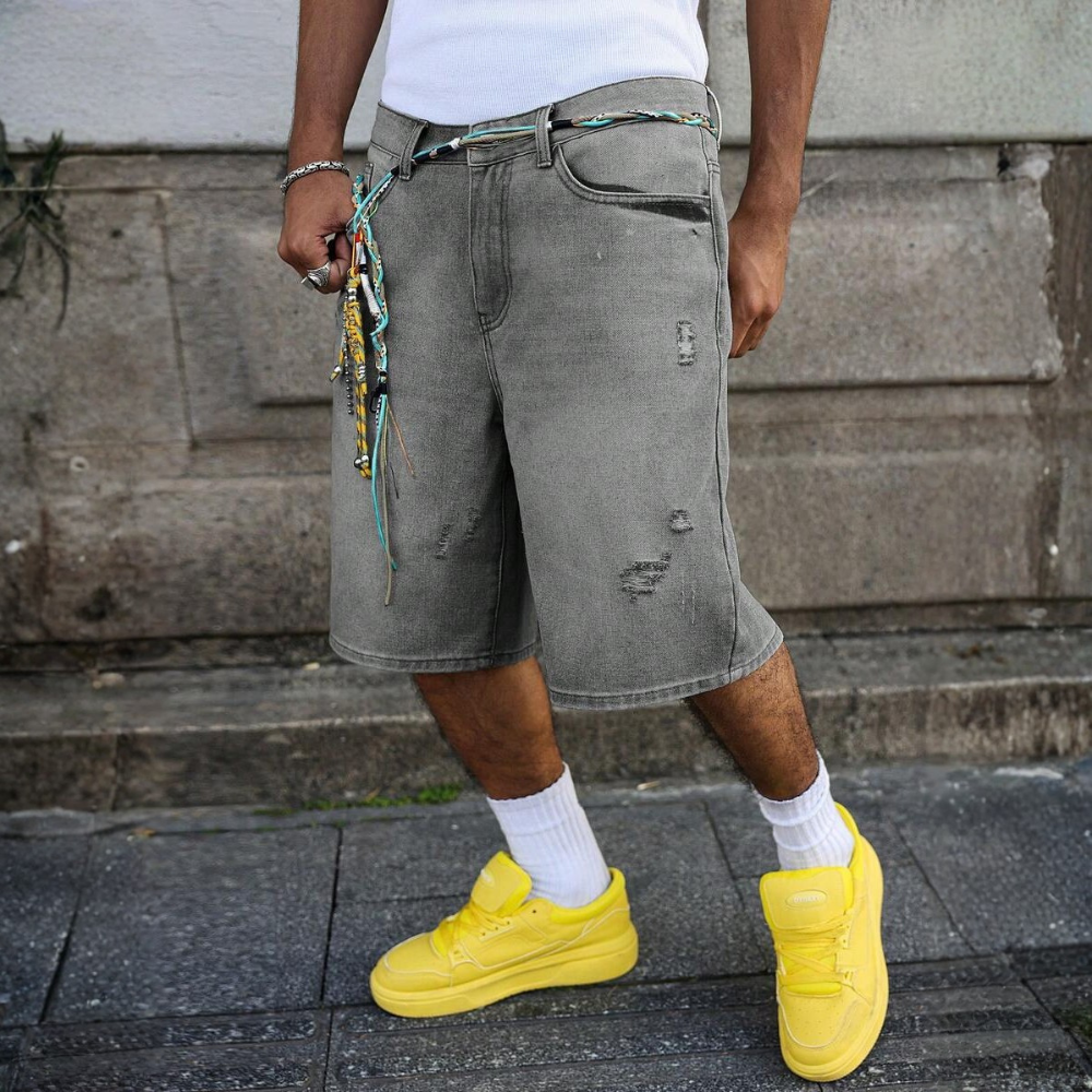 Loose Fit Vintage Washed Denim Jorts For Men